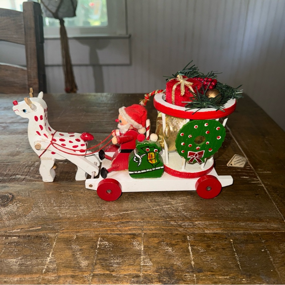 Vintage Wooden Santa Sleigh and Reindeer Holiday Figurine - Red, White & Green